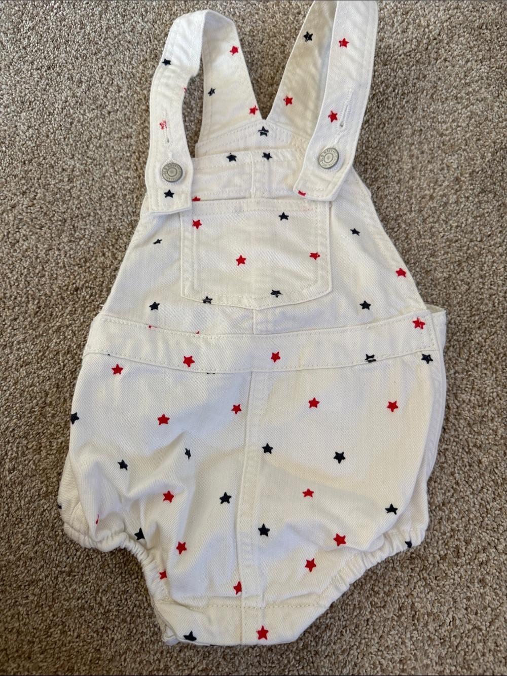 Old Navy White Overalls Romper with Red and Navy Stars